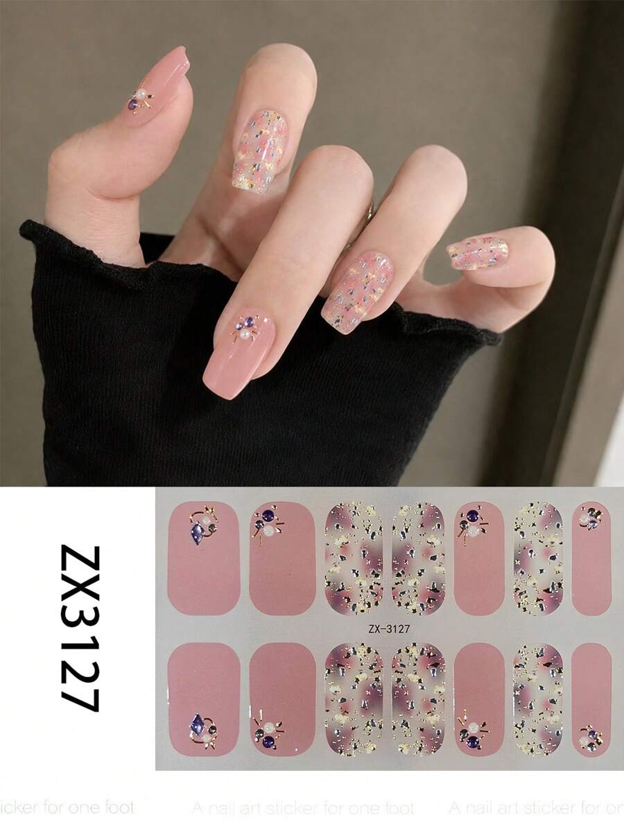1sheet Sweet And Delicate Full-Coverage Nail Stickers-A Must-Have For A Beach Look. These Stickers Feature A Solid Light Pink Color And A Gradient Design, Accented With Various Rhinestones And Glitter, Making Them Perfect For Women And Girls.