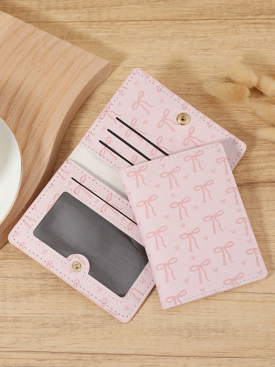 New Bow Printed Ultra-Thin Credit Card Bag, Convenient ID Window ID Bag, Portable Cash, Credit Card, Coin Card Bag, Suitable For Carrying Around - Pink - View 1