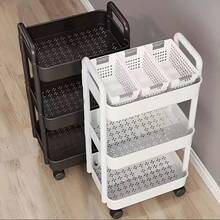 Three-Layer Pulley Mobile Storage Cart - Easy-Assembling Plastic Storage Rack For Bathrooms, Kitchens, RVs, Offices And Workshops, Featuring 3 Hanging Baskets And 3 Layers Of Shelves, Saving Space - Multicolor - View 8