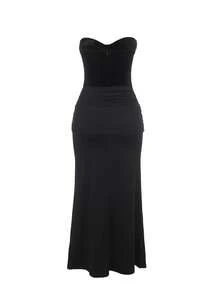 Autumn Solid Color Velvet Bandeau Dress With Ribbon Tie, Elegant Dress For Party And Date - Black - View 8