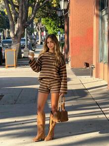 Women Fall Winter Color‑Block Striped Waffle Knit Two‑Piece Set, Long Sleeve Top & Shorts, Soft Y2K Retro Streetwear Loungewear For Vacation - Multicolor - View 2
