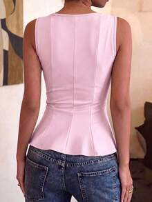 1pc Solid Color Ruffled Hem Knit Top, Casual Summer Wear Pink - Pink - View 7