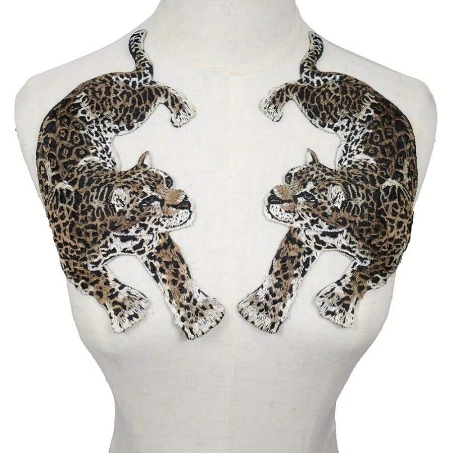 1 Pair Embroidered Water-Soluble Leopard Fabric Patch Applique Without Backing, Suitable For Clothing, Dresses, Jeans, Bags, DIY Materials, Leopard Print Style, Cheongsam Accessory Patch, DIY Garment Applique, Sewing Accessories - Multiple Styles - View 1