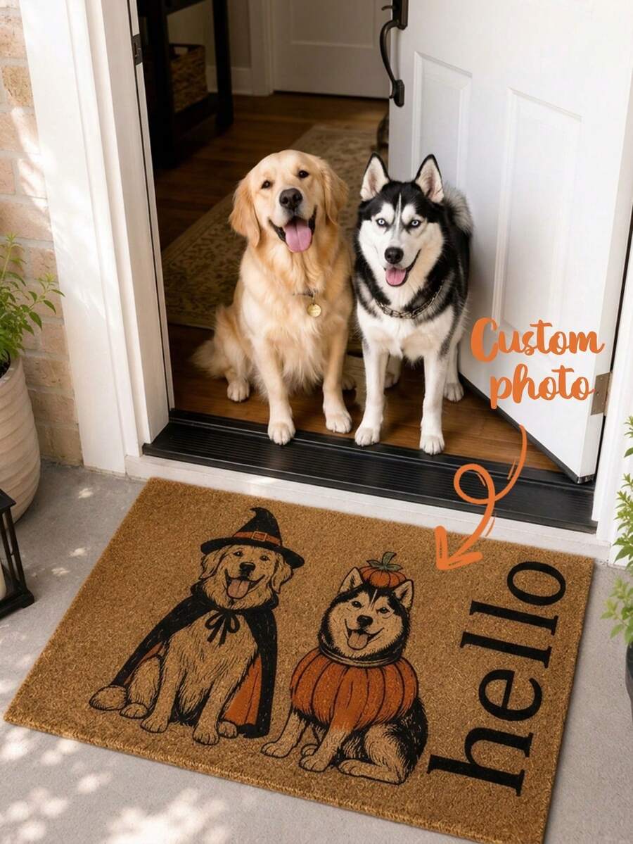 Personalized Halloween Pet Doormat, Customized Cat & Dog Welcome Mat, Witch & Pumpkin Pet Doormat, Autumn Front Porch Decor Gift, Customized Pet Doormat, Pet Lover Decor - Multicolor - View 1