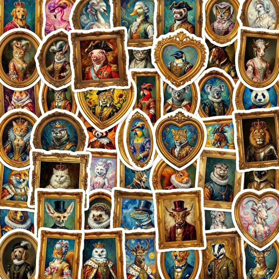 50Pcs European‑Style Photo Frame Animal Stickers, Classic Noble Aesthetic Decals, Creative DIY Decor Materials For Journal Scrapbooking - 50 PCS - View 1
