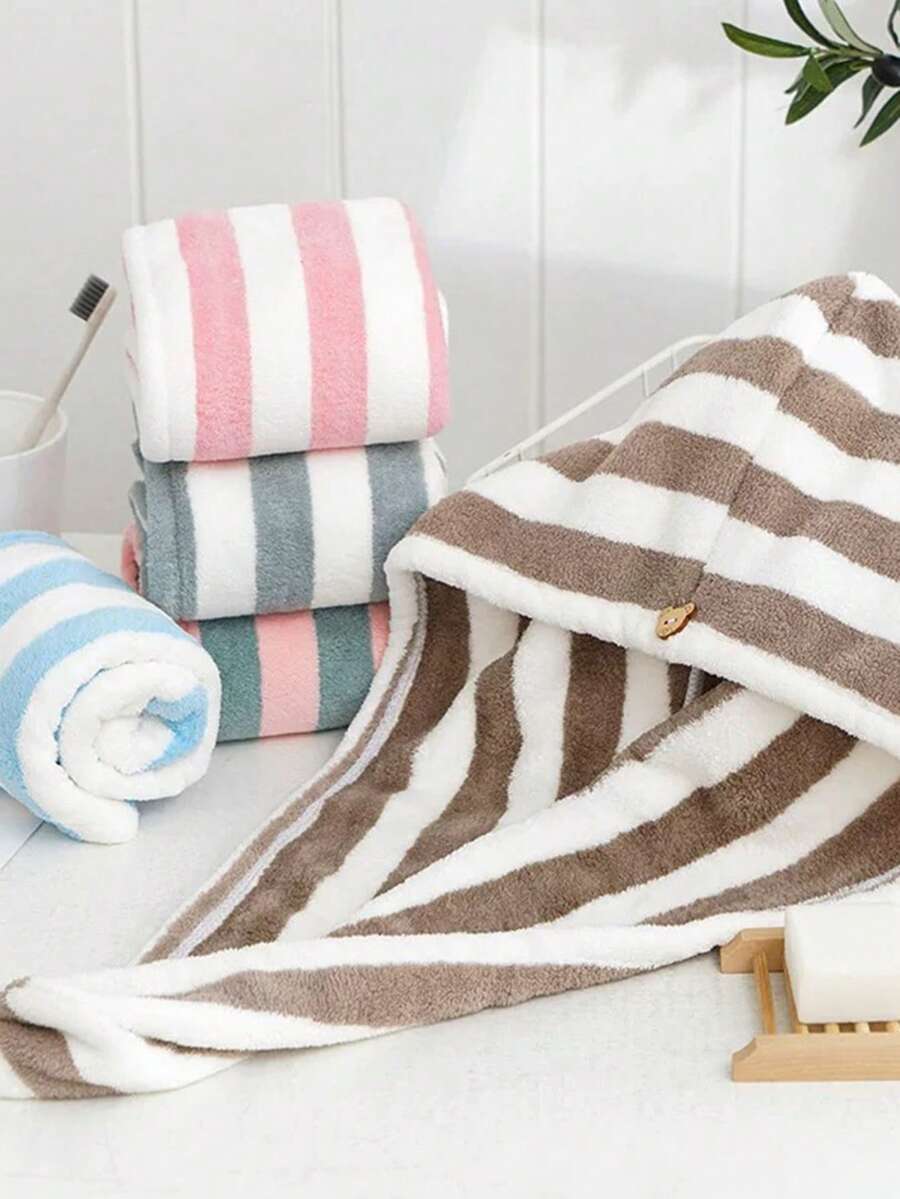 Thickened High-Density Cationic Coral Fleece Hair Drying Cap For Women, Soft Absorbent Head Wrap, Minimalist Striped Bath Cap - Multicolor - View 1