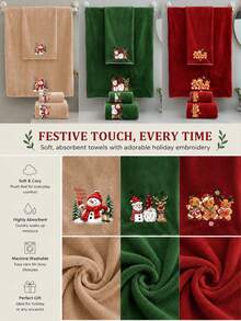 1pc/3pcs Christmas Themed Printed Towel Set, Multiple Patterns Available, Gingerbread Man Holiday Print, Thickened Coral Fleece Fabric, Fluffy And Soft, Absorbent And Quick-Drying, No Shedding. Classic Christmas Color Scheme With Festive Atmosphere, Suitable For Bathroom Daily Bathing, Kitchen Hand Wiping, Can Be Used As Christmas Home Decor And Holiday Gift. - Red - View 3