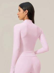 TimeOff Women's 1pc Solid Color Stand Collar Zipper Jacket With Side Pockets And Thumb Holes, Autumn/Winter - Pink - View 10