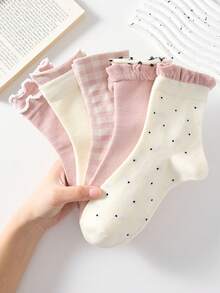 5 Pairs Sweet Pink Polka Dot And Lace Design Women's Mid-Calf Socks, Soft And Comfortable - Pink - View 7