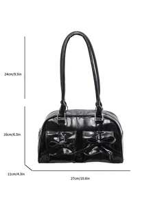 Double Bow Decor Shoulder Bag, Soft Glossy Fabric, Wrinkle-Resistant, Dual Front Pockets For Organized Storage Of Small Items, Zipper Closure To Prevent Items From Falling Out, Suitable For School, Commute, Work, Shopping, Dating And Travel - View 3