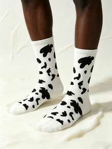 2/6/10 Pairs Unisex Black & White Cow Print Mid-Calf Socks, Street Style Casual Socks Suitable For All Seasons - Type a - View 3