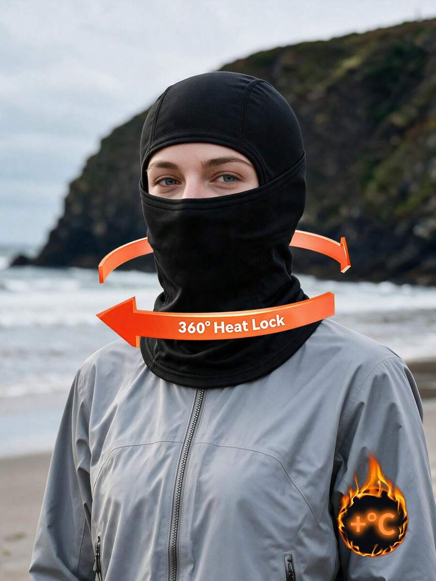 Pure Black Warm Fleece Balaclava Headwear, Windproof Full Face Mask, Skiing Snowboarding Hiking Cold Protection Warm Headgear, Unisex - Multicolor - View 1