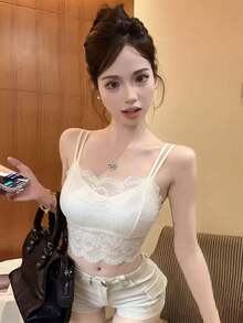 新款春夏返校季可爱性感纯蕾丝吊带背心，带衬垫胸罩，纯色女士内衣吊带衫休闲白色 - 白色 - 查看 7