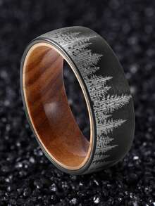 1pc 8mm-Wide Black Tungsten Steel Forest Mountain Ring Men's Wedding Band Exquisite Men's Accessory Jewelry Ornament For Daily Wear - Black - View 3