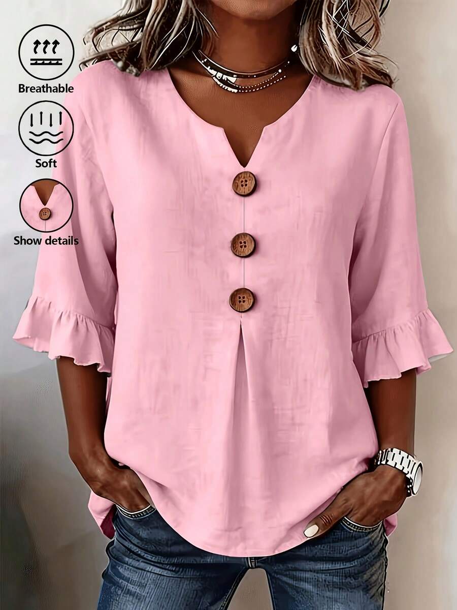 Plus Size Women's Solid Color Button Decor Notch V-Neck Flare Sleeve Blouse - Pink - View 1