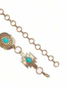 1 sợi dây xích đeo eo phong cách Bohemian cổ điển màu vàng giả cổ, chạm khắc hình học, đính đá giả ngọc lam, thiết kế dây nối điều chỉnh được, phù hợp với trang phục cao bồi miền Tây, dễ dàng tạo vẻ ngoài mang hơi hướng retro độc đáo - Dây thắt lưng - Xem 4