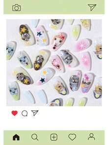 30pcs Short Almond-Shaped Press-On Nails, Colorful Hand-Painted Cute & Quirky Cat, Bow, Heart Pattern Design, Embellished With Small Steel Beads And Pearl Decor, Set Includes: 1pc Jelly Glue And 1pc Nail File - Multicolor - View 4
