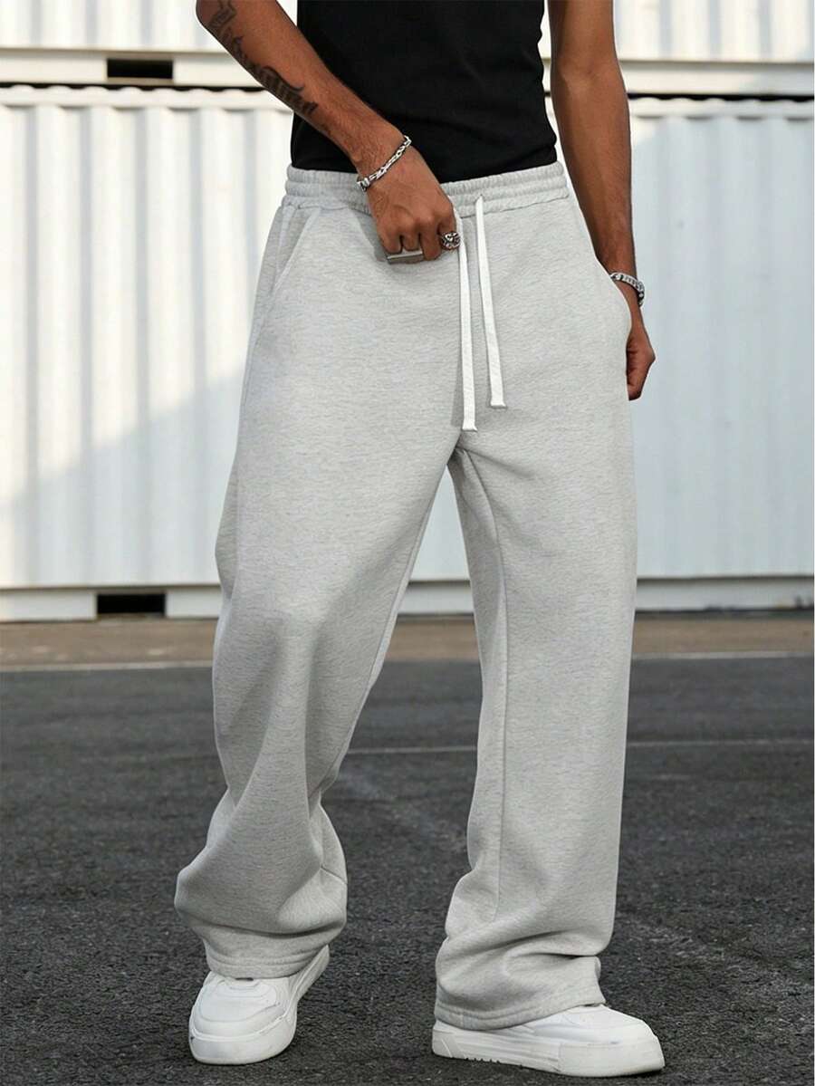 American Retro Wide Leg Sweatpants For Men, Loose Drape Concealing And Slimming, Drawstring High Waist Design Suitable For Various Body Types. Versatile For Daily Commute, Streetwear, Fashionable Men's Casual Long Pants - Light Grey - View 1