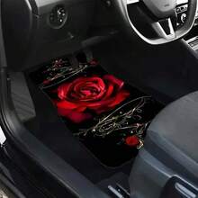 4PCS Red Rose Print Car Floor Mats, Universal Car Interior Mats, Durable Polyester Fiber, Suitable For Various Sedan And SUV Models, Car Interior Decoration Mats, Wear-Resistant Non-Slip, Car-Specific Floor Mats, Truck Owners - Multicolor - View 3