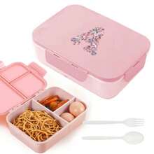 3-Compartment Travel Bento Lunch Box With Flip Lid, Leak-Proof Portable Meal Container For Outdoor Activities, Breakfast And Meal Prep, Kitchen Accessory, Camping Essential, Rose Flower With 26 Alphabet Initials Pattern - Pink - View 7