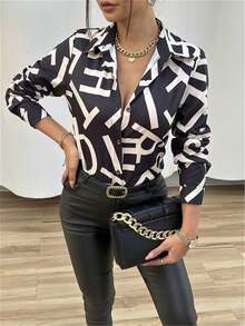 Women's Plus Size Woven Button-Down Shirt, Long Sleeve Collared Non-Stretch Top With Bold Letter Print Vacation - Black - View 3