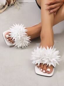 3D Floral Slides, Flat Beach Sandals Comfortable Summer Shoes - White - View 5