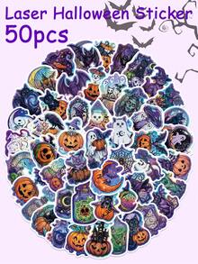 50Pcs Halloween Holographic Cartoon Stickers Dark Style Pumpkin Black Cat Stickers For Laptop Water Bottle Fridge Journal Phone DIY Crafts Stickers - Multicolor - View 1