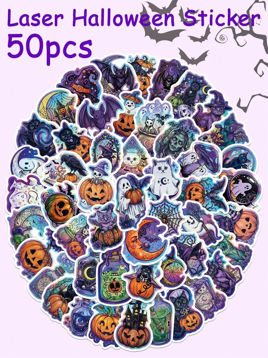 50Pcs Halloween Holographic Cartoon Stickers Dark Style Pumpkin Black Cat Stickers For Laptop Water Bottle Fridge Journal Phone DIY Crafts Stickers - Multicolor - View 1
