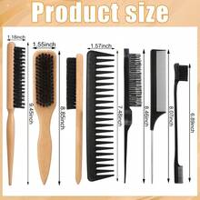6PCS Boar Bristle Slick Back Hair Brush With Edge Brush Rat Tail Comb, Wide Tooth Comb For Men Women - Black - View 4