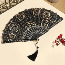 Black & Gold Foil Butterfly Rose Chinese Style Printed Folding Fan With Tassel, Handheld Fan For Evening Gown, Cheongsam, Hanfu, Runway Show, Each Fan Face Color, Pattern And Design Position May Vary Slightly - Multicolor - View 10