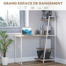 Opklapbaar bureau - 2-in-1 boekenplankbureau - 4 planken - Licht eikenhoutlook, wit metaal - A - Bekijken 7
