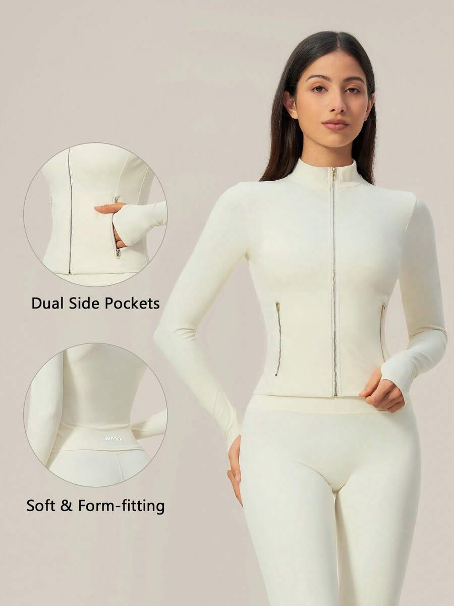 TimeOff Women's 1pc Solid Color Stand Collar Zip-Up Jacket With Side Pockets And Thumb Holes, Autumn/Winter - White - View 1