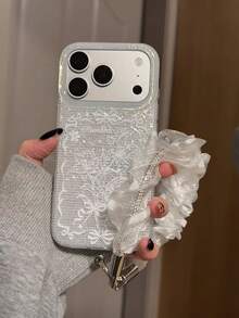 Lace Bow Lily Flower Phone Case Compatible With Apple 17 Pro Max 16 Pro 15 Women's Full Coverage Anti-Fall Protective Cover With Wrist Strap - White - View 5