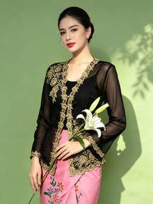 1pc Modern Elegant Button-Up Long Sleeve Cardigan Top, Black Long Sleeve Cardigan Top For Women, Summer - Black - View 3