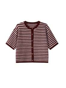 MORI Women's Y2K Comfortable Burgundy Striped Elbow Sleeve Round Neck Loose Knit Cardigan Sweater Button Up Top Autumn Fashion Outfit - Red and Pink - View 6
