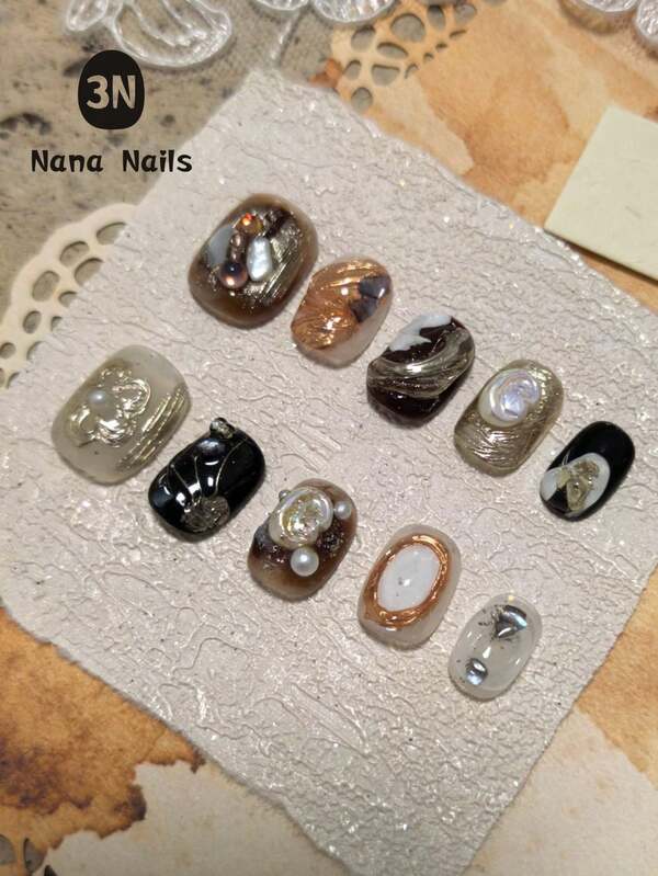1Package/10Pcs Pure Handmade Autumn Press On Nails - Ins Luxury Baroque Pearl & Gold Flower Embellishments, Short Square Oval Fall False Nails, Heavy Duty Glossy Fall False Nails Set For Women & Girls