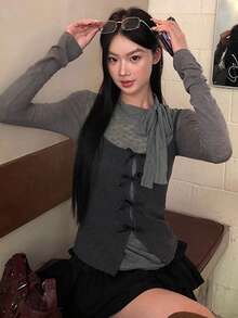 New Spring/Autumn Grey Slim Fit T-Shirt Top 2 Pieces Set - Grey - View 3