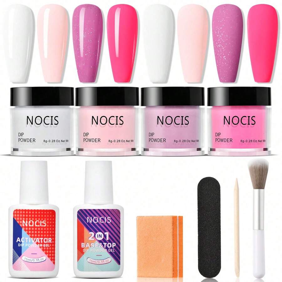 NOCIS Dip Powder Nail Kit - 4 Color Starter Set With Nude, Pink, Glitter & White, Plus Base, Top Coat & Activator Liquid, Nail Buffer, Brush & File - Acrylic Dipping System For DIY Manicure, Unscented, No Power Needed. - Multicolor - View 1