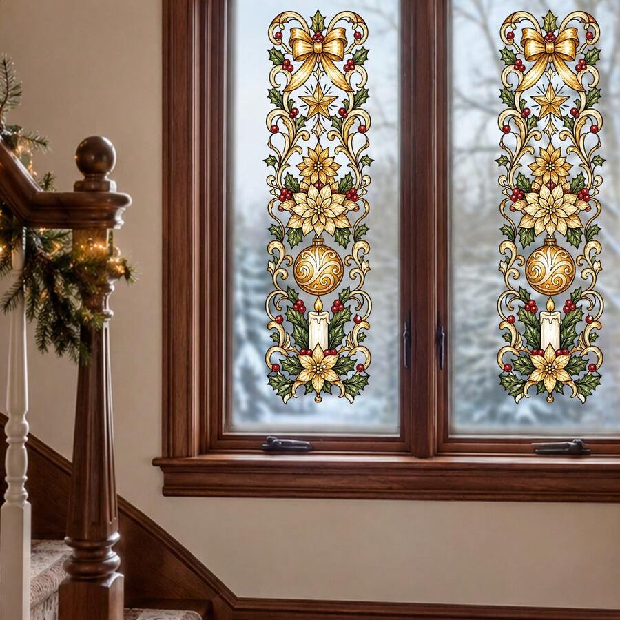 1/4pcs Reusable Christmas Flower Window Decals, Double-Sided Visible PVC Electrostatic Adsorption Glass Stickers, Suitable For Home, Kitchen, Dining Room, And Shop Decoration. - Multicolor - View 1