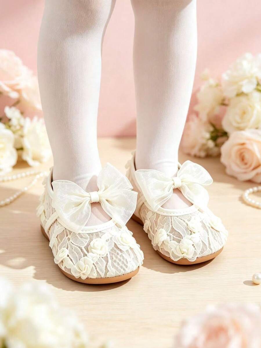 1 Pair Children's Casual Flat Shoes, Breathable Mesh Summer Mary Jane Shoes With Bow Tie, Princess Style - Apricot - View 1