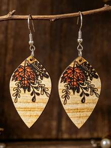 1 Pair Vintage Autumn Maple Leaf Willow Leaf Shaped Wooden Ear Hooks, Autumn Plant Print Artistic Earrings - Beige - View 7