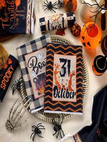 4/6/12 Pcs Halloween Pumpkin Gothic Kitchen Towels, Spooky Skeleton Dish Hand Towels Pumpkin Bat Kitchen Dish Towels For Halloween Bathroom Decor - Black - View 5