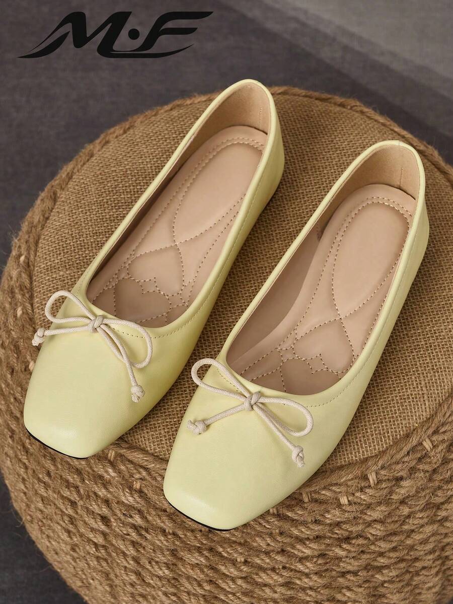WHDXY Women's Soft-Soled Casual Shoes With Delicate Yellow Bow Accent, Square Toe Ballet Flats Suitable For Spring/Summer Outfits, Fashionable For Daily Wear And Dates - Yellow - View 1