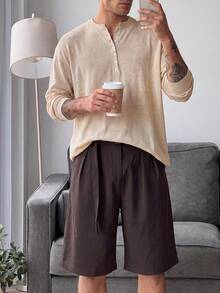 Men Autumn‑Winter Henley Neck Knit Sweater, Button Placket Long Sleeve Relaxed Jumper, Old Money Style For Holiday Festival Daily Wear - Apricot - View 8