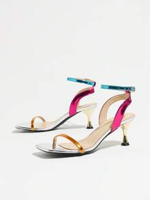 Women's Party Sandals Metallic Color Block Thin Strap Ankle Buckle Low Heel Square Toe Flared Heel Design Suitable For Holiday And Party Occasions - Silver - View 5