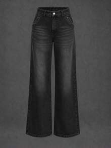 New Women's Multi-Button Wide Leg Casual Jeans - High Quality Denim, Fashionable And Comfortable Spring Black Fall - Black - View 5