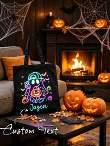Customizable Personalized Neon Halloween Candy Bag, Customizable Neon Halloween Tote Bag, Reusable, Cute Ghost Pattern, Perfect Gift For Kids - Multicolor - View 5
