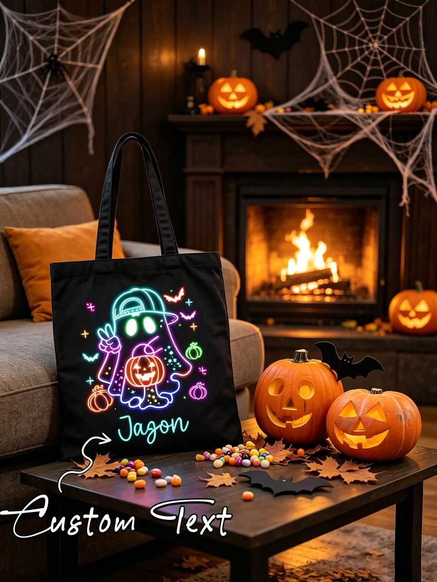 Customizable Personalized Neon Halloween Candy Bag, Customizable Neon Halloween Tote Bag, Reusable, Cute Ghost Pattern, Perfect Gift For Kids