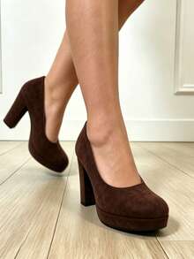 Women's Thick Sole Pointed Toe Solid Color Commute Party Fashion High Heels - Brown - View 3