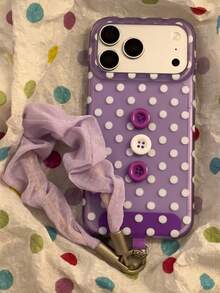 Ins 3D Purple Polka Dot Button Phone Case Compatible With Apple 17 Pro Max, 16 New Model, 15, 15P, 17, 16P, 17P, High-Quality Creative Niche Anti-Drop Protective Cover With Lanyard - Purple - View 1